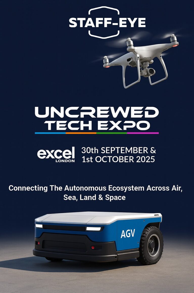 Staff-Eye auf der Uncrewed Tech Expo 2025 in London – autonomes Fahrzeug (AGV) und Drohne als Symbol für integrierte Mobilität auf Luft, Land, See und im Weltraum.