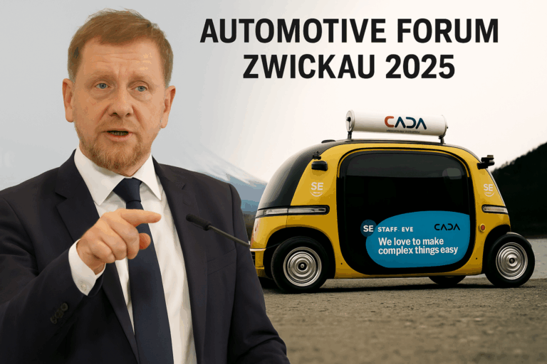 Ein Mann im Anzug spricht am Rednerpult, daneben ein gelber autonomer Shuttlebus mit der Aufschrift „We love to make complex things easy“ vor einem Bergpanorama. Text im oberen Bereich: „Automotive Forum Zwickau 2025
