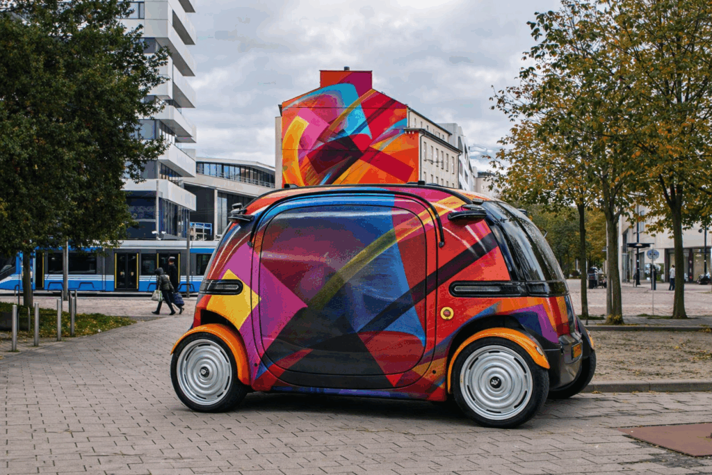 Farbenfrohes autonomes Fahrzeug mit MadC-Kunstdesign steht auf einem Stadtplatz, im Hintergrund ein großes urbanes Wandgemälde und eine Straßenbahn.