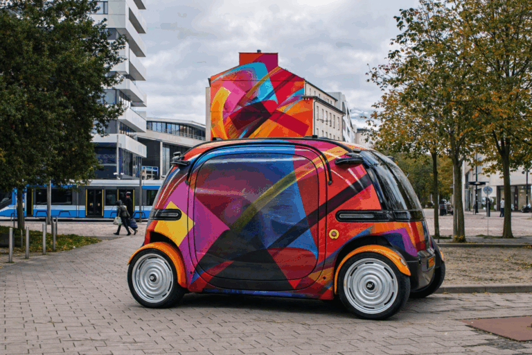 Farbenfrohes autonomes Fahrzeug mit MadC-Kunstdesign steht auf einem Stadtplatz, im Hintergrund ein großes urbanes Wandgemälde und eine Straßenbahn.